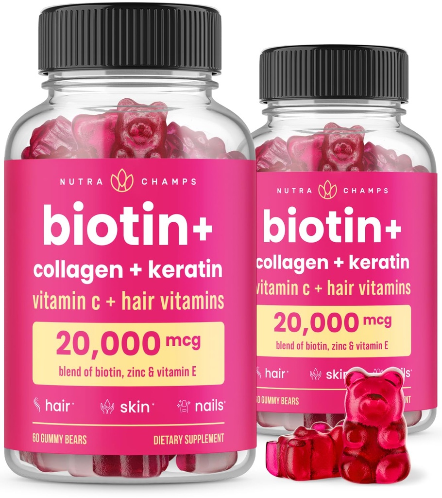 NutraChamps Hair Skin & Nails Gummies, Biotin with Collagen & Keratin, 500006 Biotin Beauty Kompleksi, Vitamin Tamam, Berry, 120, Sağlıklı Saç, Saç Saç Saç, Saç ve Güçlü Çiçeği (Paketi)