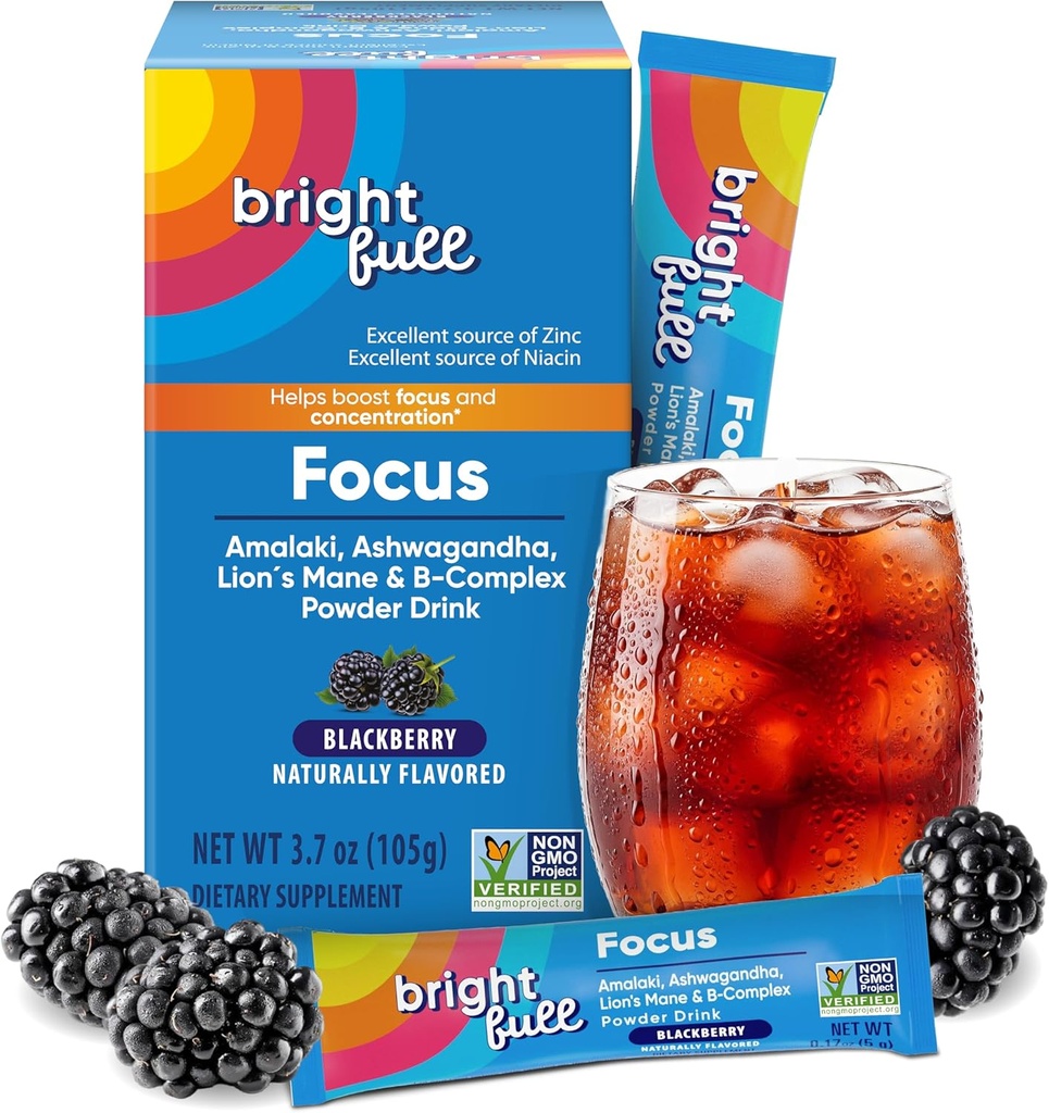 Supplement Focus Sugar Free Dietary Supplement Drink Mix with Ashwagandha, Lion’s Mane, B Vitamins B1 B2 B3 B5 B6 B12, for Cognitive Performance & Clarity BlackBerry, 21 Day Supply
