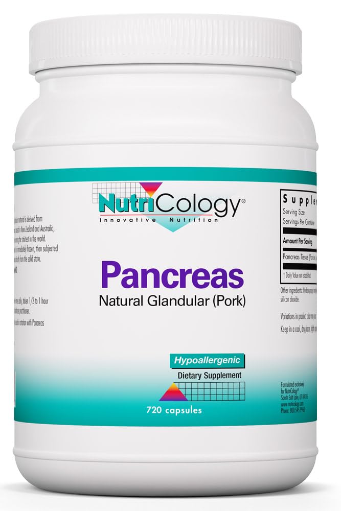 Nutricology Pancreas Diyetary Supplement - Digestive Support, Natural Glandur (Pork), Enzymes, Hipoallergenic, Vegetarian Capsules, Gluten Free - Count 720s