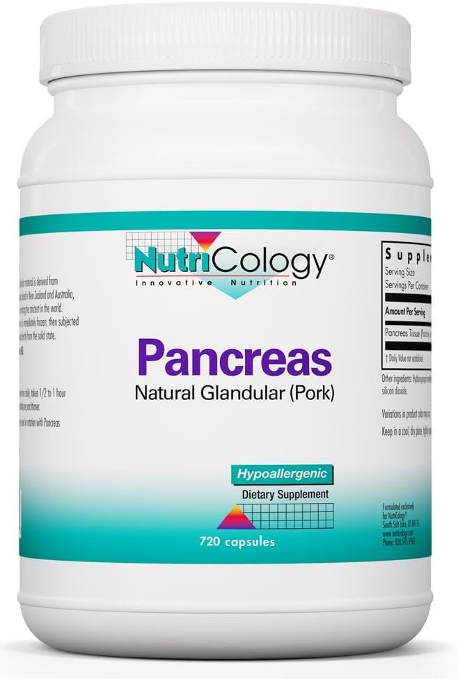 Nutricology Pancreas Diyetary Supplement - Digestive Support, Natural Glandur (Pork), Enzymes, Hipoallergenic, Vegetarian Capsules, Gluten Free - Count 720s