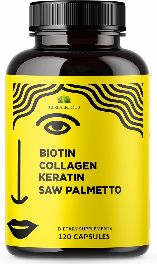 HERBALICIOUS Βιταμίνες βιοτίνης με κολλαγόνο, κερατίνη & πριόνι Palmetto για γυναίκες και άνδρες - Biotin 10000 mcg συμπλήρωμα καρφιών δέρματος μαλλιών για τα μαλλιά, δέρμα, και νύχια ευεξίας - Made in USA, 120 κάψουλες