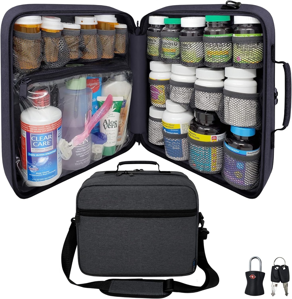 Ekstra-Large Pill Şişe Organizer, Tıp Bag, İlaçlar, Vitaminler ve Tıbbi Malzemeler - modüler Seyahat Hekimliği Organizecı ve Ev Depolama Med Bag - Dark Gray (With Lock)