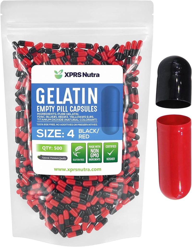 XPRS Nutra Boyutu 4 Boş Kapsüller - 500 Kont Küçük Boş Gelatin Capsules - Pills DIY Capsule - Do-It- Yourself Supplements (Black/Red)