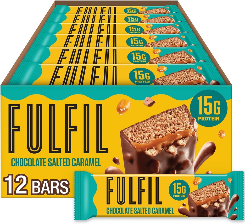 FULFIL Snack Protein Bars, Σοκολάτα Αλατισμένη Caramel Γεύση, Χωρίς γλουτένη με 15g Πρωτεΐνες, Παντελόνι Staples, 12 Count