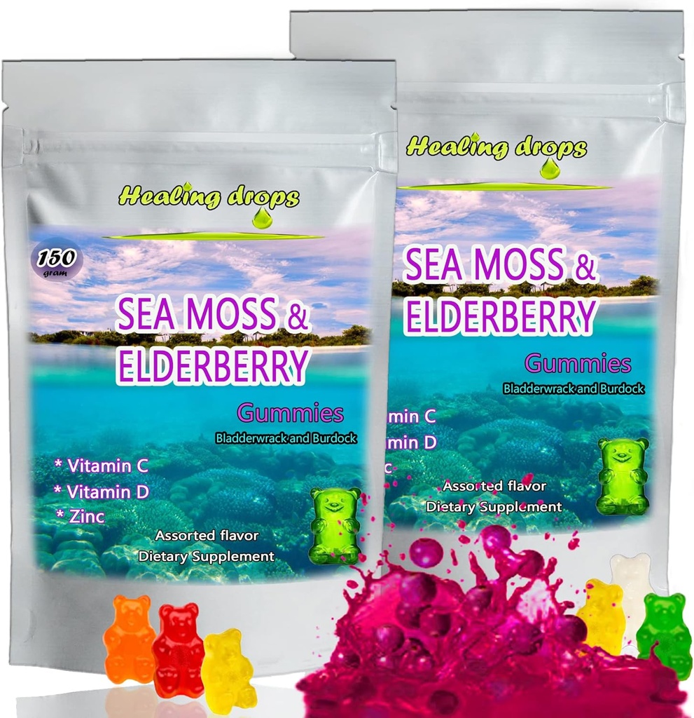 Ιρλανδική Θαλασσινή Moss Gummies – Ακατέργαστη Βιολογική Wildcrafted Sun-Dried Seamoss Powder Gel - με Bladderwrack Burdock Root – Αλκαλίνη Keto Vegan Non-GMO – Δερμάτινο Detox (Elderberry)