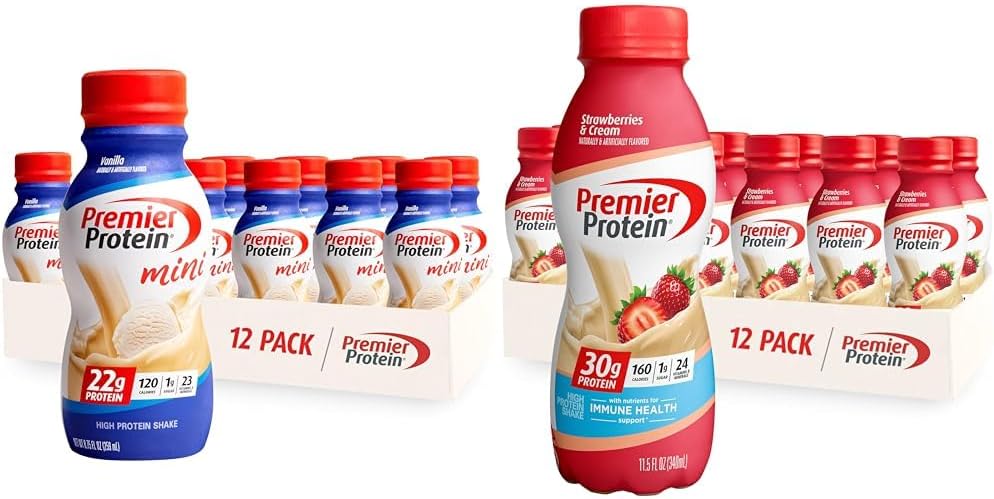 Premier protein Shake MINIs Vanilla 22g protein 120 Calories 12 & Strawberries Premier Protein Shake 30g Protein 160 Calories 12.