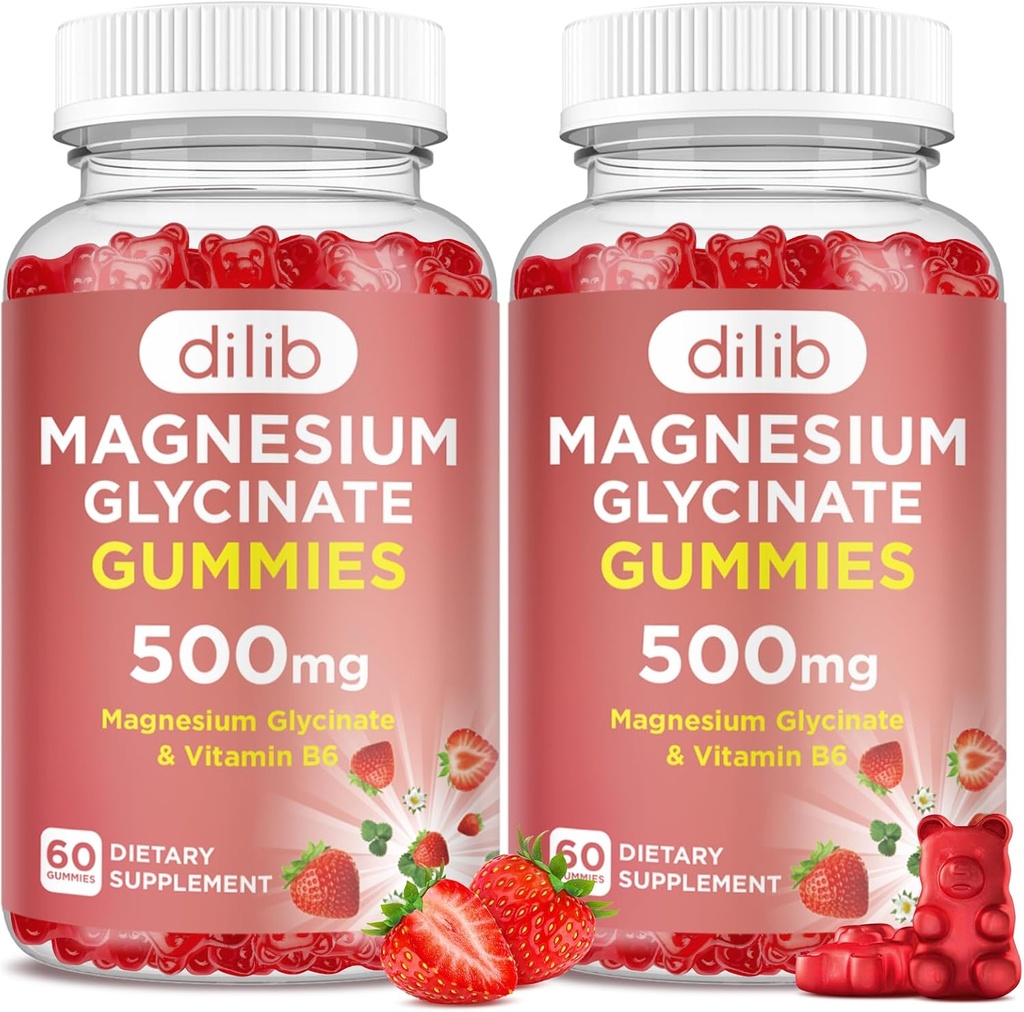 Μαγνήσιο Γλυκινικό Gummies 500mg για ενήλικες & παιδιά Συμπλήρωμα μαγνησίου με βιταμίνη B6-Φυσικό Calm Gummies-Calm Mood, μυών & υποστήριξης ύπνου-Strawberry Flavor, 120 Gummies
