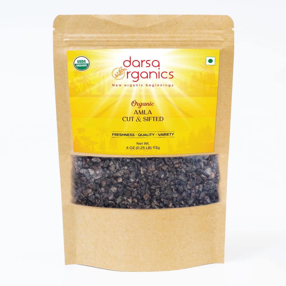 Darsa Organics Indian Gooseberry, Αποξηραμένα Αμλά Cut & Sifted 4oz - USDA Organic Amla for Herbal Tea, Healthy Recipes, Hair Growth & Immunity, Πλούσια σε Βιταμίνη C & Αντιοξειδωτικά, Vegan, non-GMO, Gluten Free, Kosher