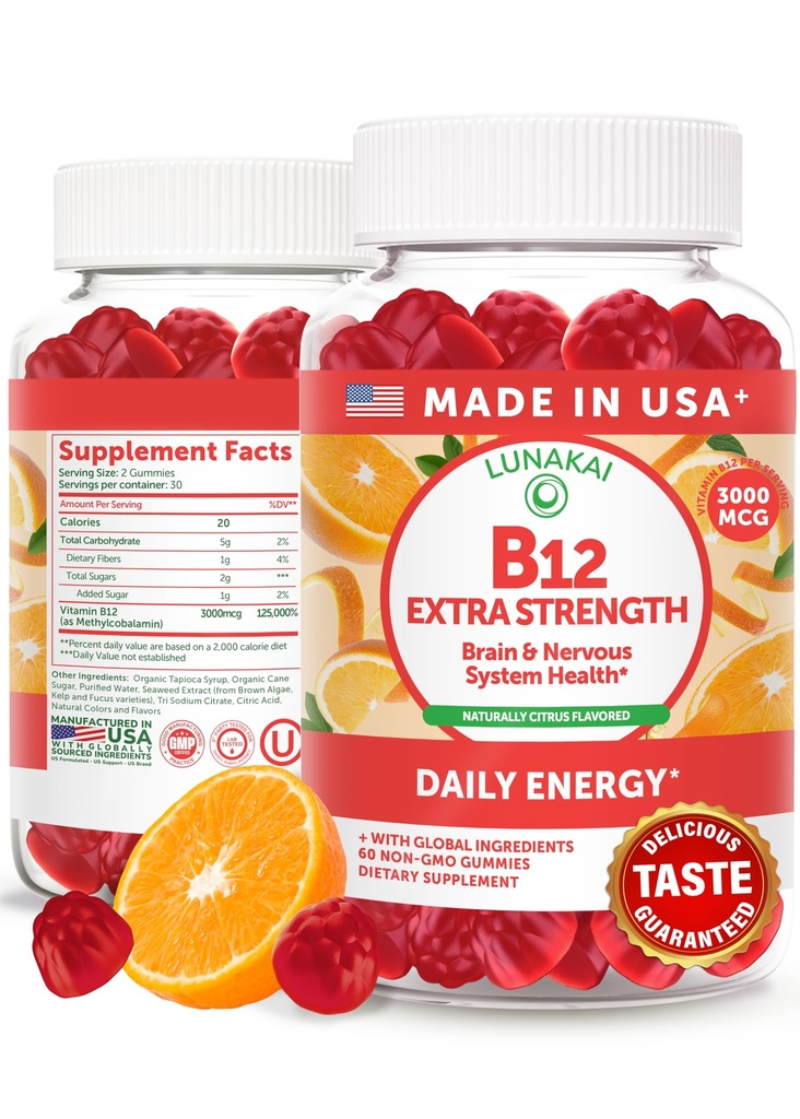 Lunakai Ekstra Güçlü 3000 ARAP B12 Gummies - ABD Made, Delicious Daily Energy & Metabolism Support - Vegan B12 Mecobalamin Supplement 60ct
