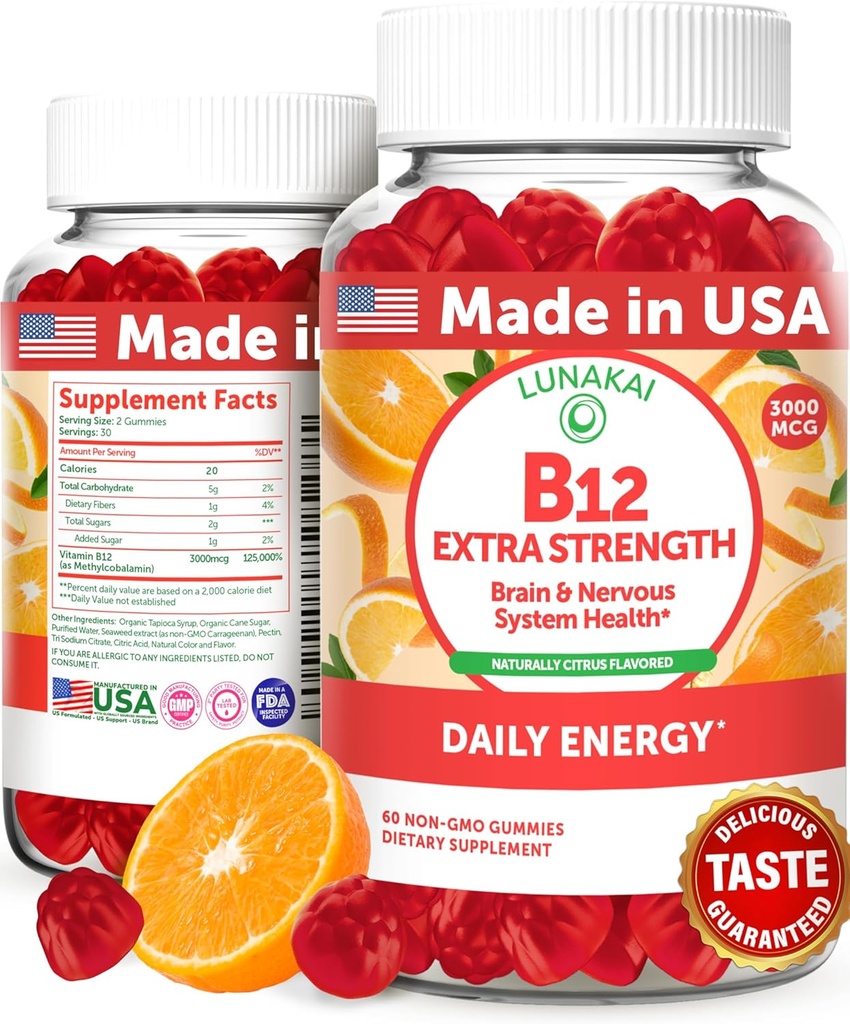 Lunakai Extra Strength 3000mcg Βιταμίνη B12 Gummies - ΗΠΑ Made, Delicious Καθημερινή Ενέργεια & Μεταβολισμός Υποστήριξη - Vegan B12 Methylcobalamin Συμπλήρωμα 60ct