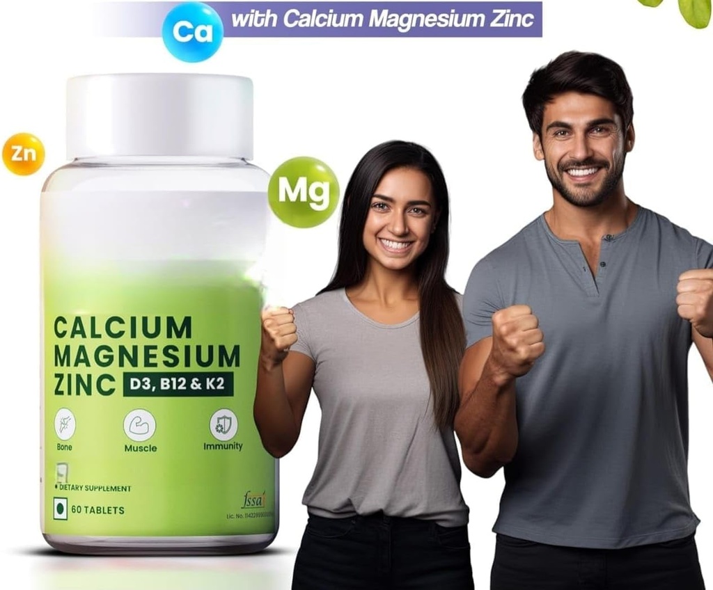 Kalsiyum, Magnezyum, D3 & B12, 1000 mg I 60 Veg Tabletleri / Hem Erkekler hem de Kadınlar için, 1 Kont, 60 Capsules