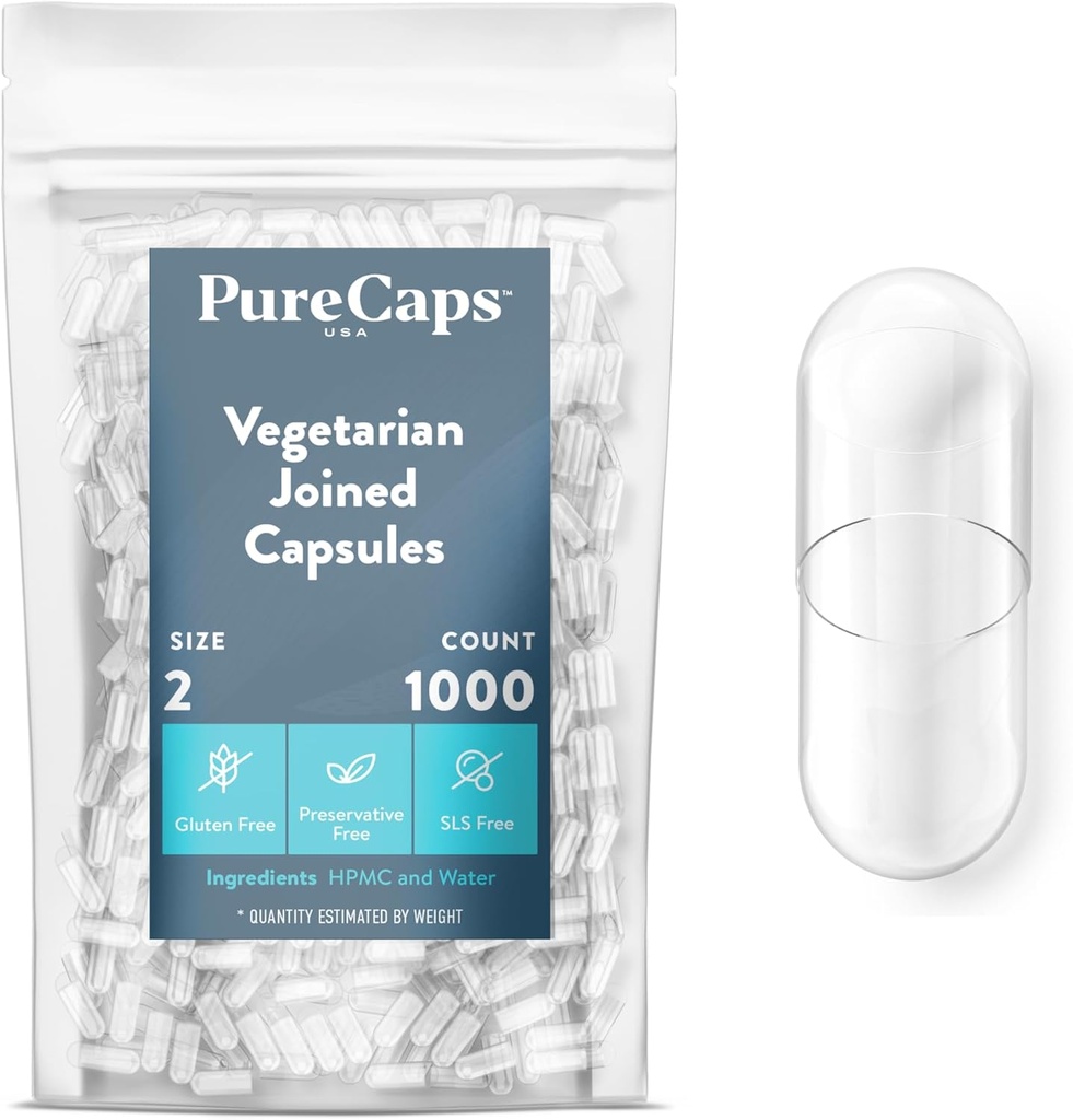 PureCaps USA - Empty Vegetarian Vegan Pill Capsules Size 2| 1,000 Joined Pills| Clear| Non-GMO Certified | SLS, Gluten, Preservative Free