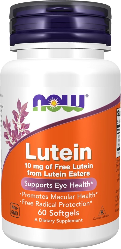 NOW Συμπληρώματα Τροφίμων, Lutein 10 mg με 10 mg δωρεάν Lutein από Lutein Esters, 60 Softgels