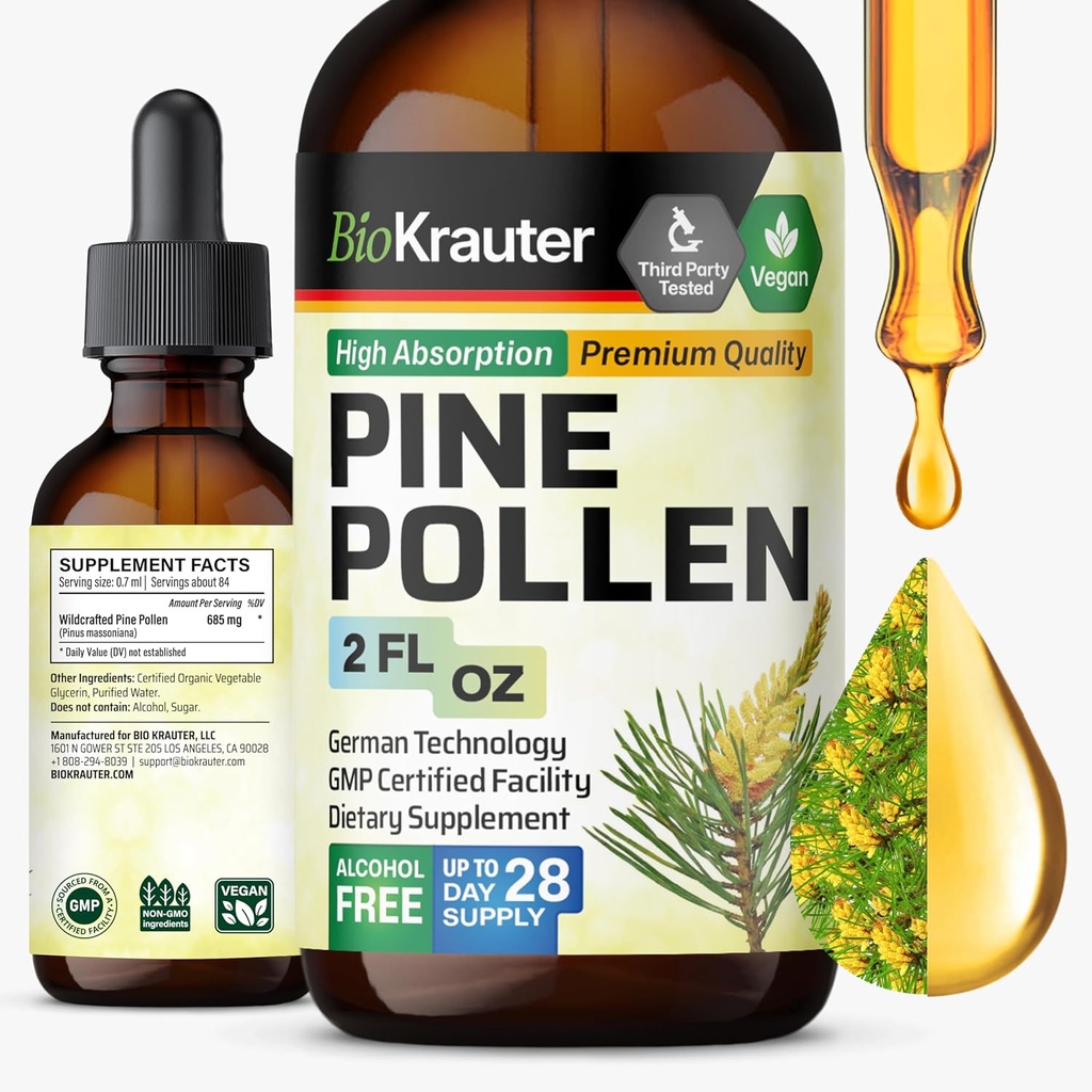 BIO KRAUTER Pine Pollen Tincture - Immune Support - Alkol & Sugar Free Natural Herbal Supplement - 2 Fl.Oz.
