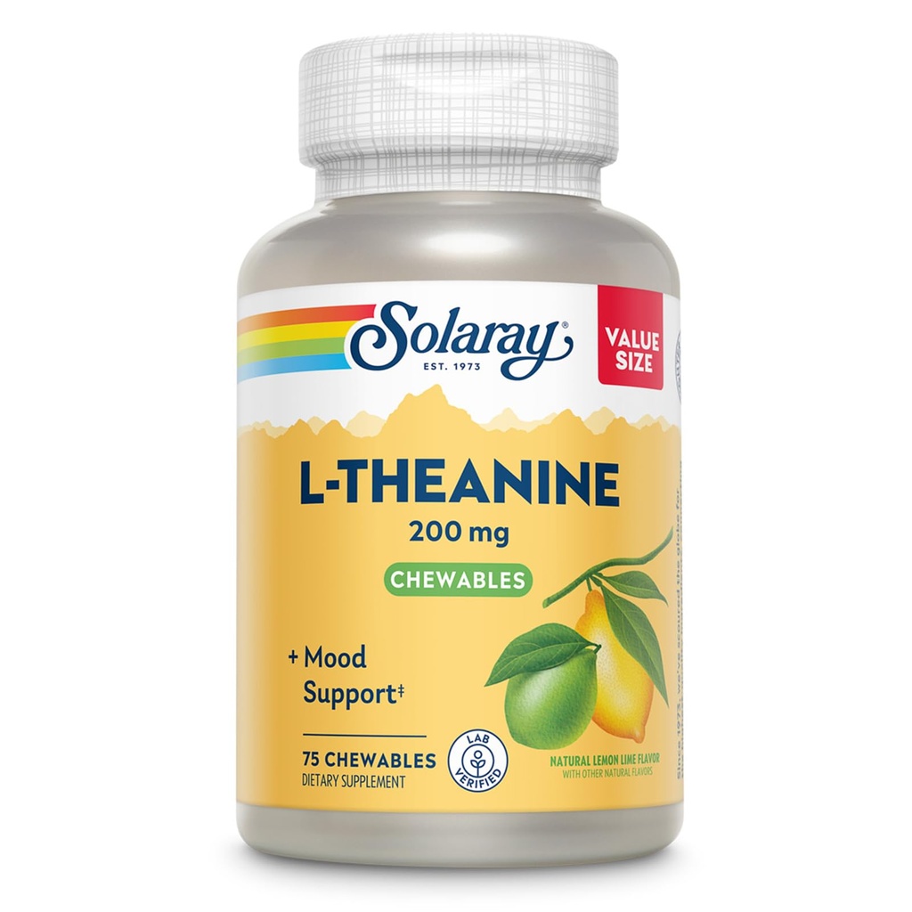SOLARAY L Theanine 200 mg, Mood Support Supplement with Vitamin B6 - Calming Support during Occasional Stress - Natural Lemon Lime Flavor - 60-Day Garanti, Lab TY - 75 Hizmet, 75 Chewables