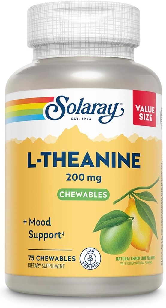 SOLARAY L Theanine 200mg, Συμπλήρωμα Υποστήριξης Mood με Βιταμίνη Β6 - Ηρεμητική Υποστήριξη Κατά τη διάρκεια του περιστασιακού στρες - Φυσικό άρωμα λεμόνι Lime - 60-Day Εγγύηση, Εργαστήριο Επαληθευμένο - 75 Μερίδες, 75 Μασώμενα
