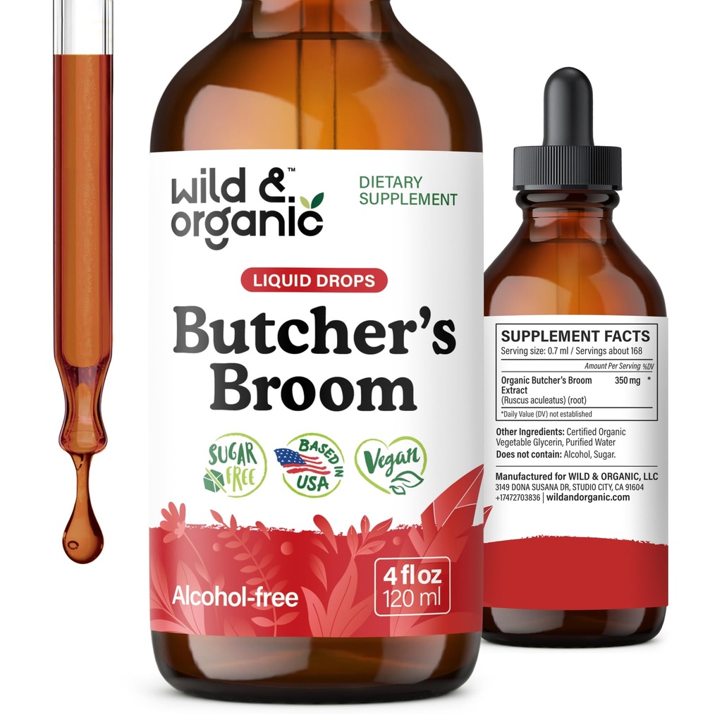 Wild & Organic Butchers Broom Tincture - Leg Support Supplement - Ruscus Aculeatus Root Drop Drops - Herbal Butchers Broom Supplement - Vegan, No Alkol & Sugar - 4 fl ozzz