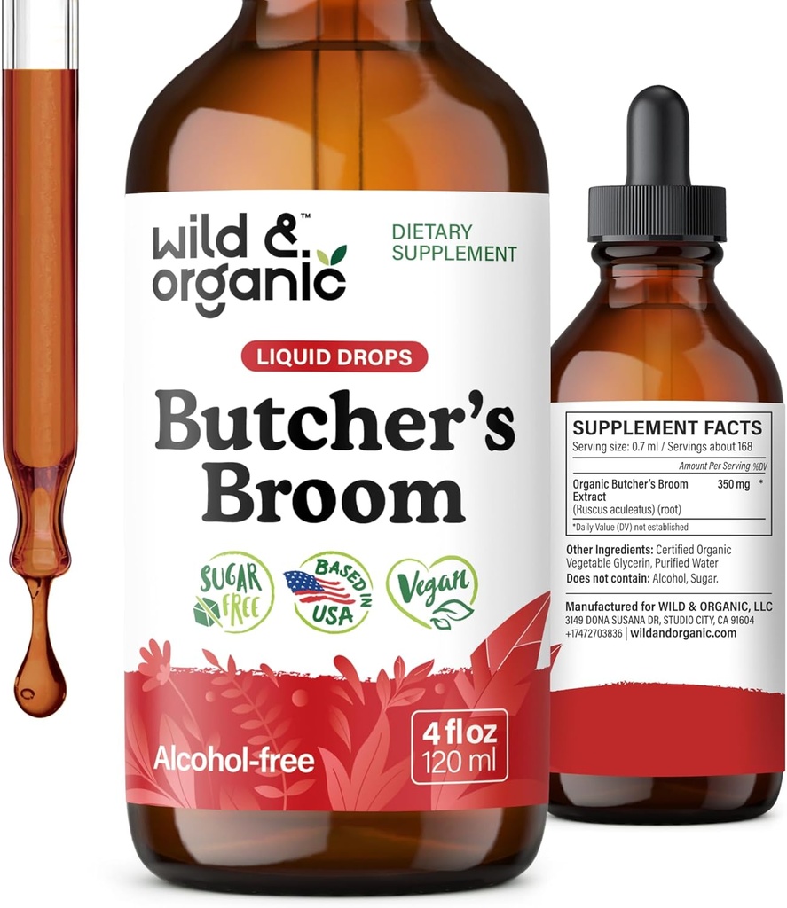 Wild & Organic Butchers Broom Tincture - Leg Support Supplement - Ruscus Aculeatus Root Drop Drops - Herbal Butchers Broom Supplement - Vegan, No Alkol & Sugar - 4 fl ozzz