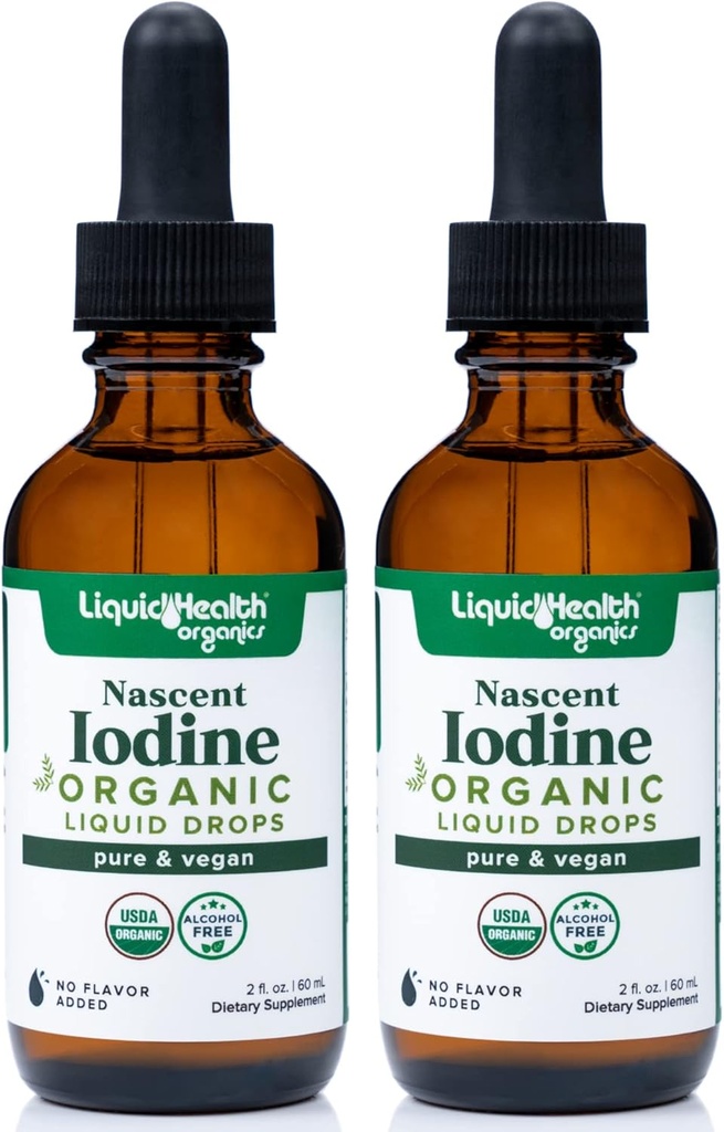 LIQUIDHEALTH USDA Organic Nascent Iodine Liquid Drops, Pure Iodine Supplement for Thyroid & Immune Support, Energy Supplement - Made in USA, Vegan, Άχρωμο, Άγευστο Βάμμα (2 Pack)