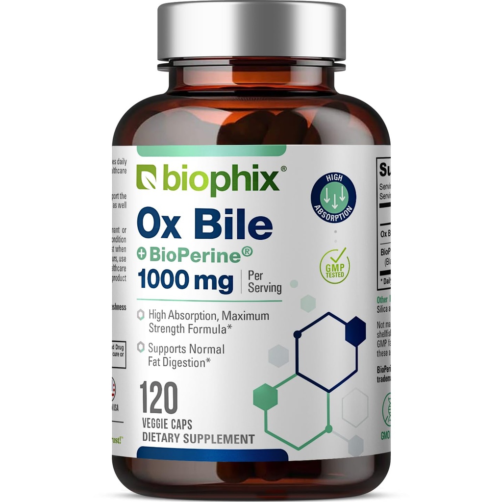 BioPerine 120 Veggie Capsules ile biyophix Ox Bile 1000 mg - Yüksek Aborpsiyon Digestive Enzymes Supplement - Liver Metabolic GI Fat Metabolism Destek Desteği