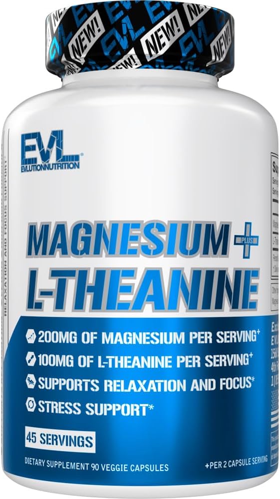 Evlution Beslenme Magnezyum + L-Theanine - Doğal Rahatlama ve Oda Destek - 200 mg Magnezyum + 100 mg L-Theanine - Vegan & Non-GMO - Diyet Supplement - 45 Hizmet - 90 Veggie Capsules