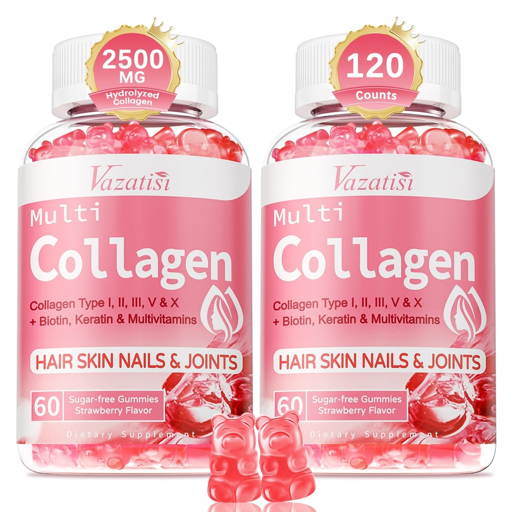 2 Pack Sugar Free Collagen Gummies for Women & Men | Hydrolyzed Collagen Hair for Hair Skin & Nails | MultiCollagen Protein Tip I II III V X with Biotin & Vitamin C | Strawberry Flavor, 120 Count