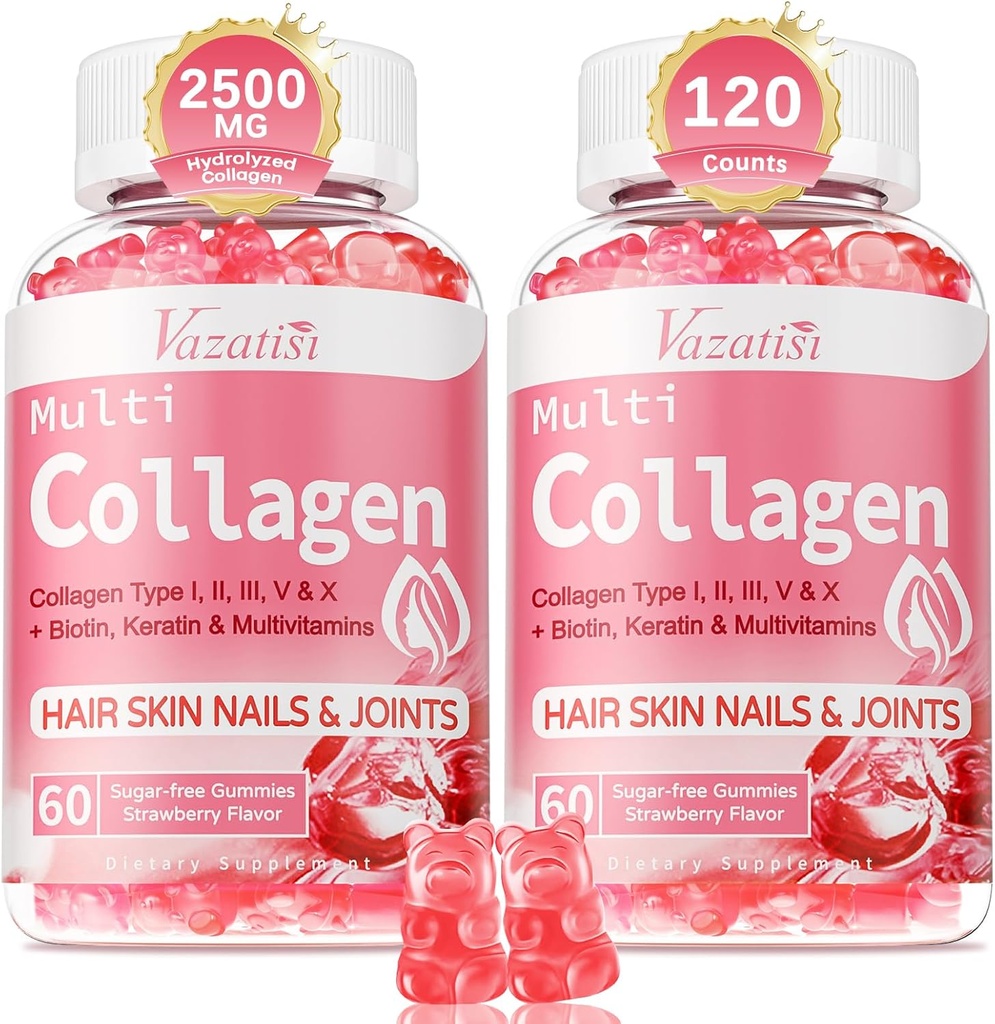 2 Pack Sugar Free Collagen Gummies for Women & Men | Hydrolyzed Collagen Hair for Hair Skin & Nails | MultiCollagen Protein Tip I II III V X with Biotin & Vitamin C | Strawberry Flavor, 120 Count
