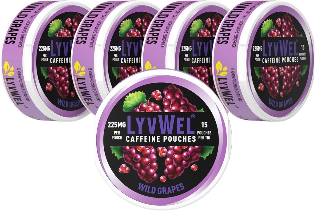 LyvWel 225 mg Caffeine Energy Pouches – Wild Grapes 5Pack (75 Pouches) – Bold Flavor, Clean Energy – Guarana-Infüzyon Focus & Stamina for On-Go Performance