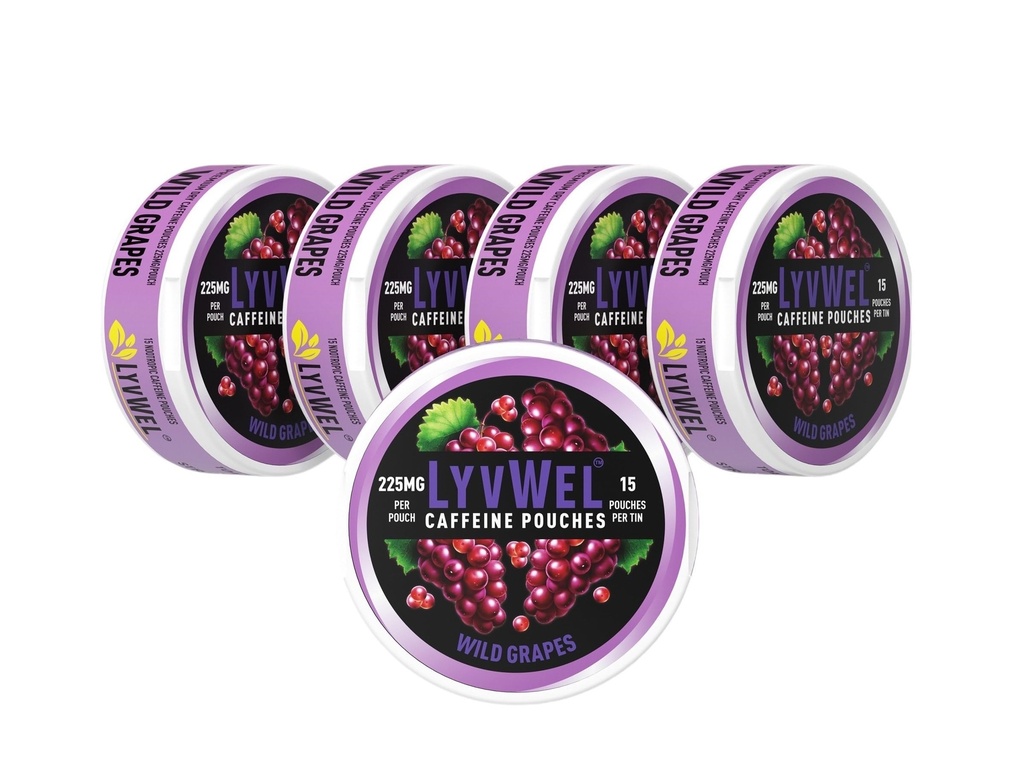 LyvWel 225mg Caffeine Energy Pouches – Άγρια Σταφύλια 5-Pack (75 Pouches) – Τολμηρή Γεύση, Καθαρή Ενέργεια – Guarana-Infused Focus & Stamina για On-The-Go Performance