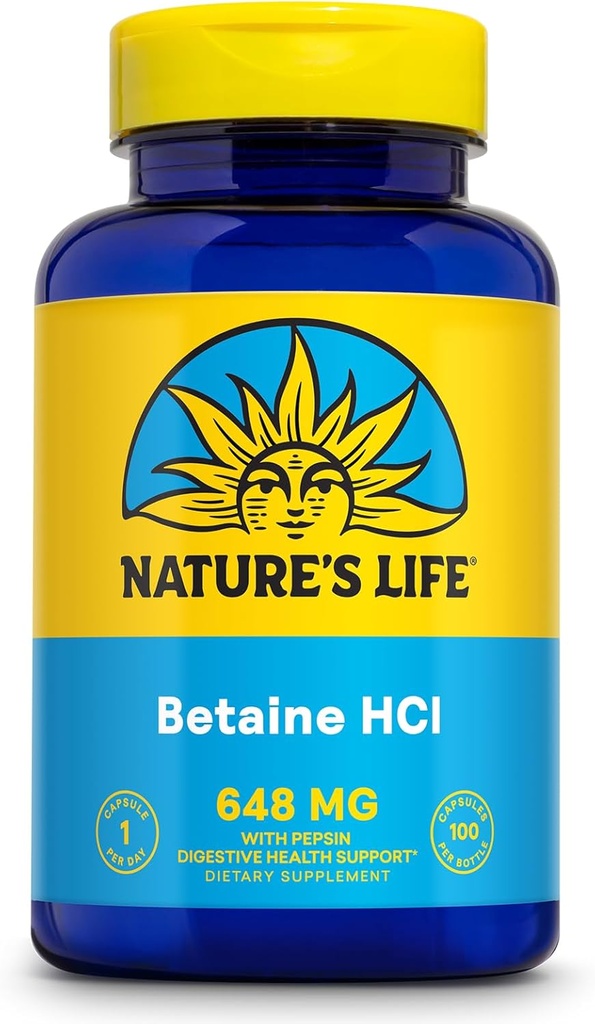 N:47'S LIFE Betaine HCL with Pepsin - Digestive Health Formula with Digestive Enzymes for Gut Health Support - High Potency Hydrochloric Acid Supplement, 60-Day Garanti, 100 Hizmet, 100 Capsules