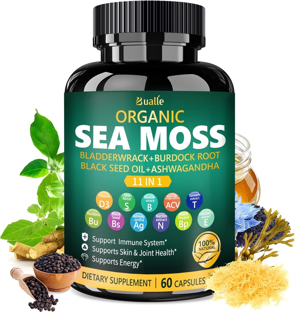 Bualle Organik Deniz Moss Capsules with Black Seed Oil, Ashwagandha, Bladderwrack, Ginger & Burdock – Herbal Kompleksi - 60 Capsules (1 Pack)