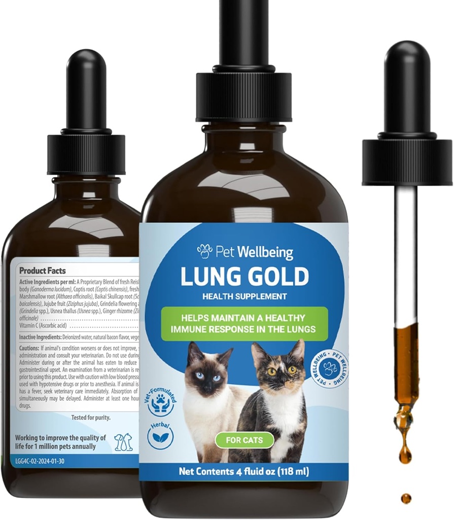 Pet Wellness Lung Gold for Cats - Lung Immune Support, Lower Respiratory Health, Open Airways, Normal Nefes, Reishi, Coptis - Veterinarian-Formated Herbal Supplement - 4 oz (118 ml)