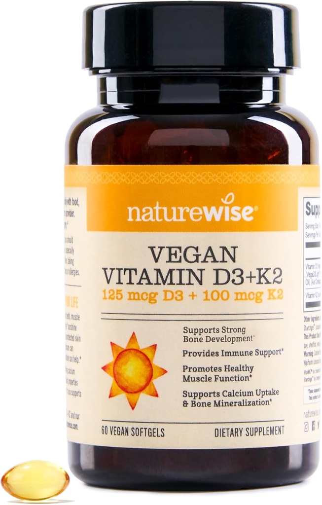NatureWise Vegan D3 + K2 - Organik D3 5000IU + Doğal Vitamin K2 100mcg - Bone Support - High Abxia with Organic Cold-Pressed Olive Oil - Non-GMO