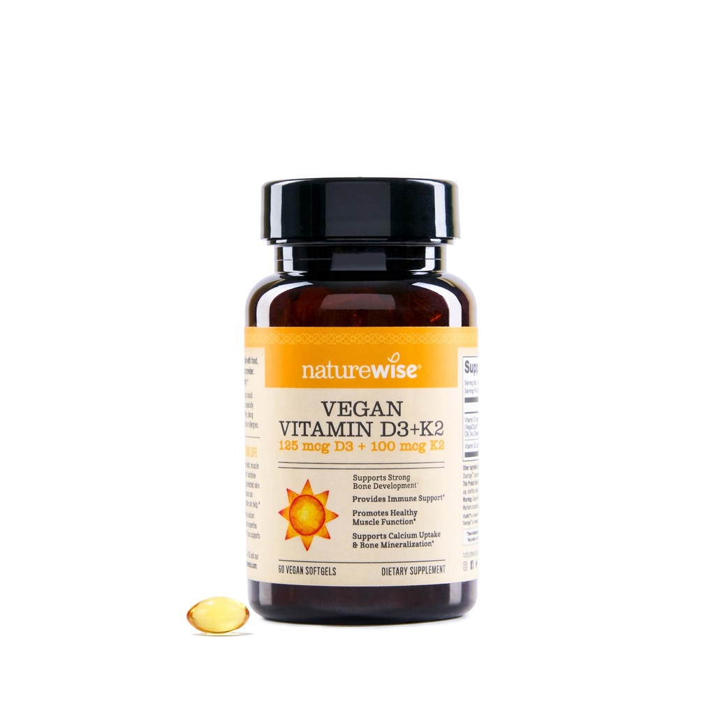 NatureWise Vegan Vitamin D3 + K2 - Natural D3 5000IU + Natural Vitamin K2 100mcg - Bone Support - High Absorption with Organic Cold-Pressed Olive Oil - Non-GMO