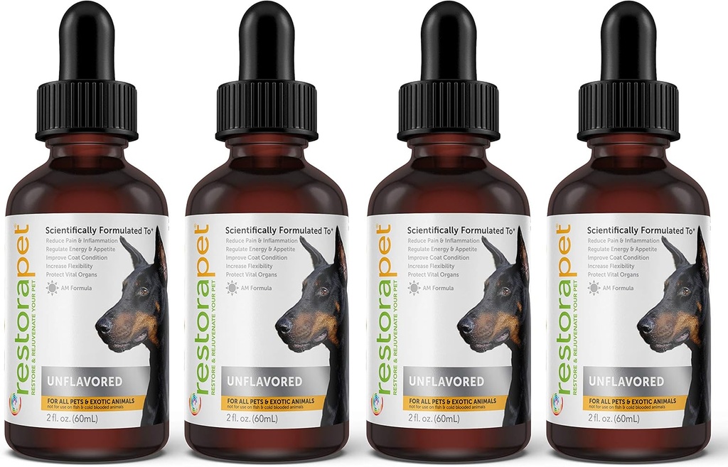 RestoraPet 4-Pack Dog & Cat Unflavored Liquid Multivitamin | Dog Arthritis Ağrısı | Köpekler için Hip&Joint Vitaminleri | Anti Inflammatory Supplement for Dogs & Cats | Organik & Non-GMO, Vet Onaylandı
