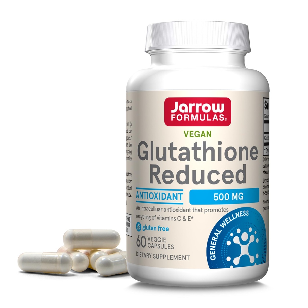 Jarrow Formulas Glutathione Μειωμένη 500 mg - 60 Κάψουλες Veggie - Ενδοκυτταρικό Αντιοξειδωτικό - Ποιότητα Συμπληρώματα Γλουταθιονόνης - Υποστηρίζει Ανακύκλωση Βιταμινών C & E - Μη ΓΤΟ - Χωρίς Γλουτένη - Vegan