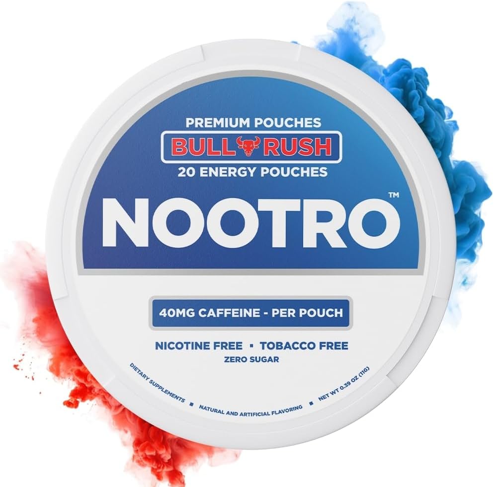 Caffeine, Nootropic Pouches, 40 mg Natural Caffeine, B6, Magnezyum, Sugar Free, No Nicotine Pouches, Tütün Free, 20 Pouches Per Can, 1 Pack (Bull Rush)