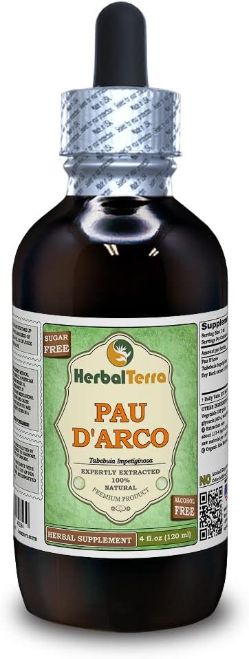 PAU d'arco (Tabebuia Impetiginosa) Glycerite, kuru Bark Alkol Özgür Sıvı Ekstraksiyon (Brand Name: HerbalTerra, Proudly Made in USA) 4 fl.oz (120 ml)