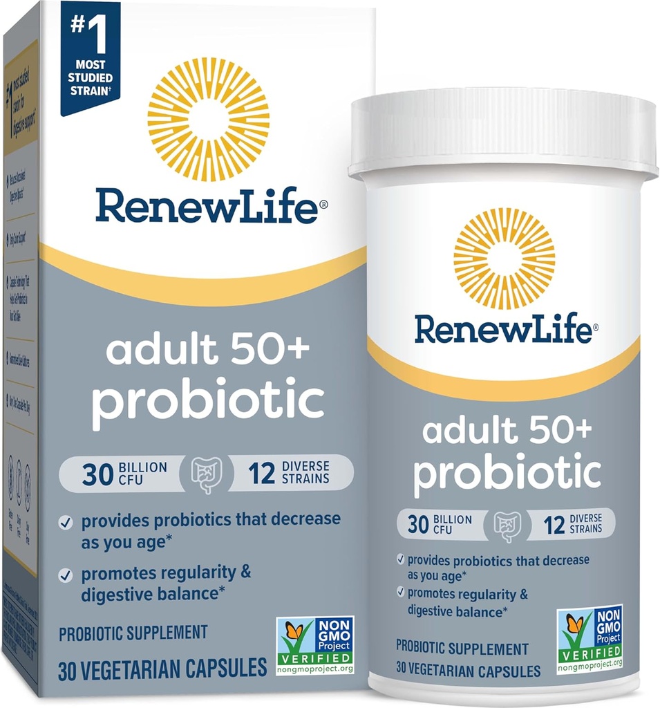 Renew Life Probiotic Adult 50 Plus Probiotic Capsules, Daily Supplement Supports Urinary, Digestive and Immune Health, L. Rhamnosus GG, Dairy, Soy and gluten-free, 30 Billion CFU, 30 Count