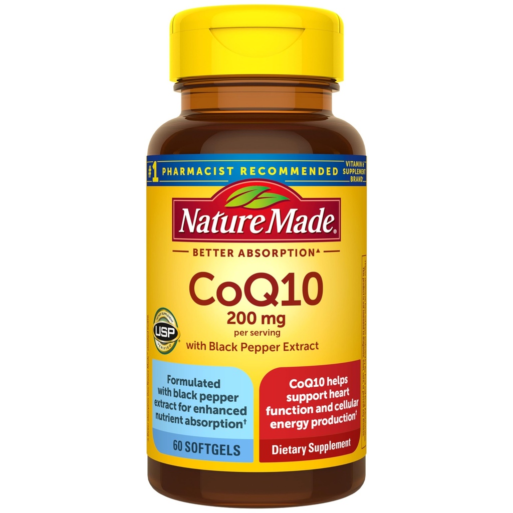 Nature Made CoQ10 200mg per Serving with Black Pepper Extract for Enhanced Nutrient Absorvation, Heart Health Support, 60 Softgels, 30 Day Supply