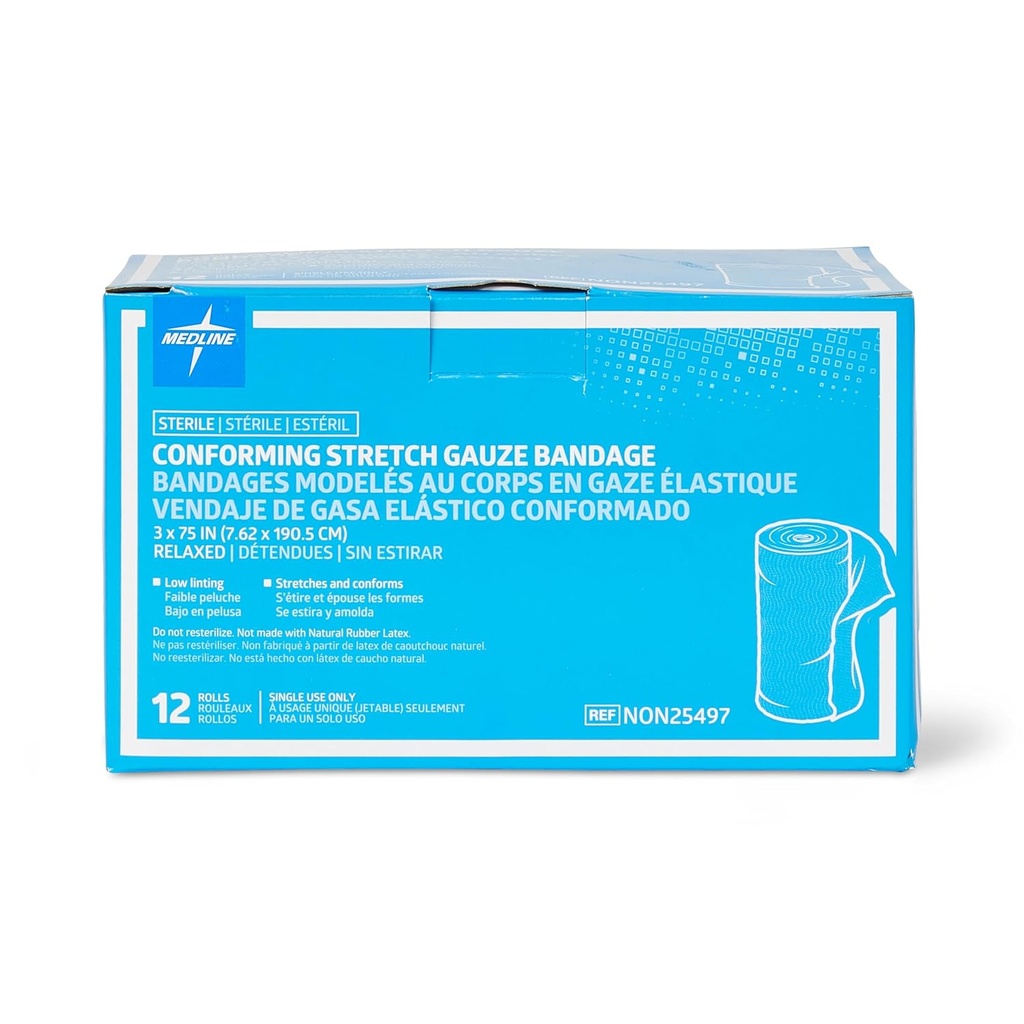 Medline Sterile Conforming Gauze Banges, 3" x 75", Ιδανικό για Φροντίδα Τραυμάτων, Συσκευασία 96