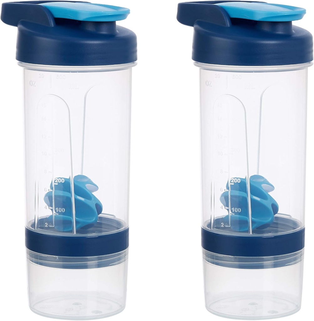   Basics Protein Shaker Bottle with Mixer Ball, Cups for Shakes, 20 oz, 2-Pack, Blue, 11.8x9x23 cm