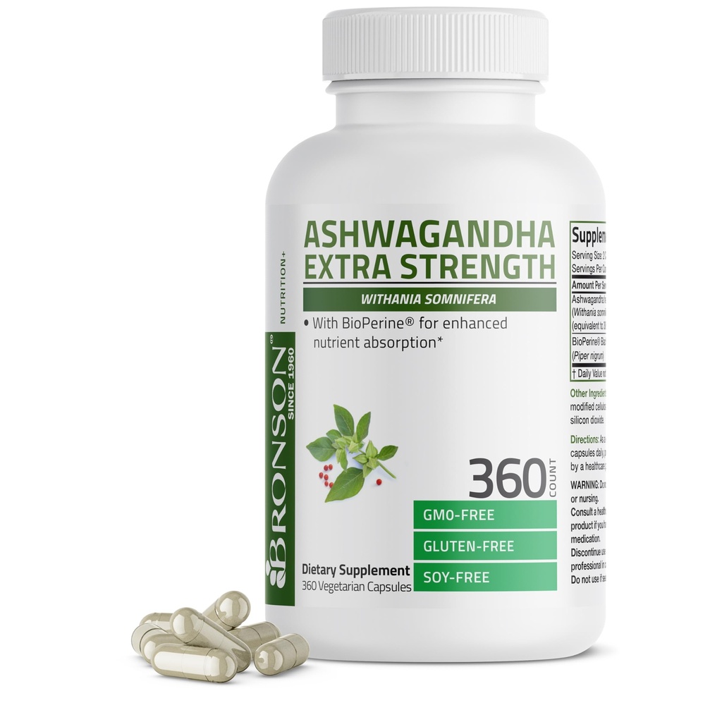 Bronson Ashwagandha Extra Strength Stress & Mood Support with BioPerine - Non GMO Formula, 360 Vegetarian Capsules