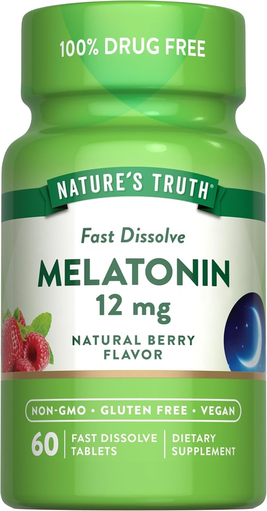 Nature's Truth Melatonin 12mg | 60 Hızlı Dissolve Tabletler | Natural Berry Flavor | Vegan, Non-GMO & Gluten Free Supplement Supplement Supplement