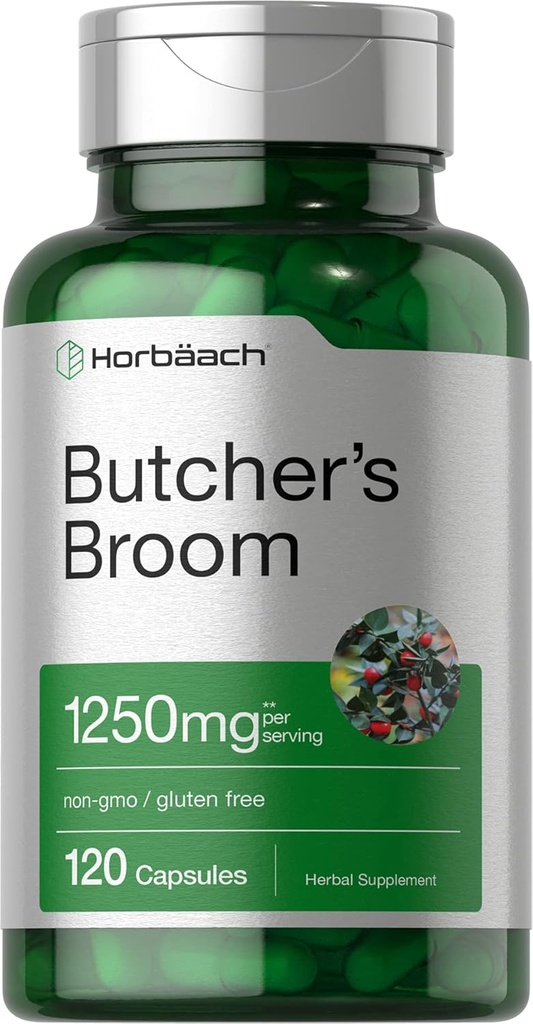 Horbaach Butchers Broom Capsules 1250 mg | 120 Kont | Non-GMO, Gluten Free | Geleneksel Herb Root Ekstraksiyon Tamamı Tamamlanmış