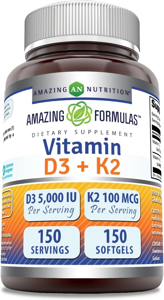 Amazing Formulas Vitamin D3 5000 I with Vitamin K2 100 Mcg | D3 + K2 Komplek Supplement | Softgels | Non-GMO | Gluten-Free | Made in USA (1 Pack, 150 Count)
