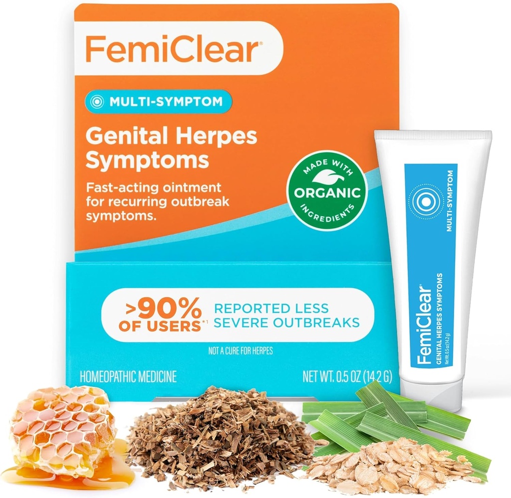 Genital Herpes Belirtileri ve Soğuk Sores için FemiClear, Multi-Symptom - Etkili Intimate Relief - All- Natural and Organic Materialss - 0,5 Ounce Tube