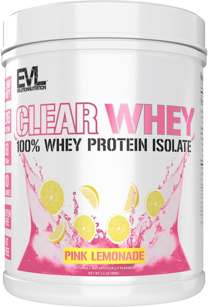 Evlution Beslenme Clear Whey - 100 Whey proteini - Kas Büyüme, Güçlü ve Kurtarma için - 20g Isolate proteini - Hızlı Absorbing - Gluten & Fat Free - 1.1lb - Pink Lemonade