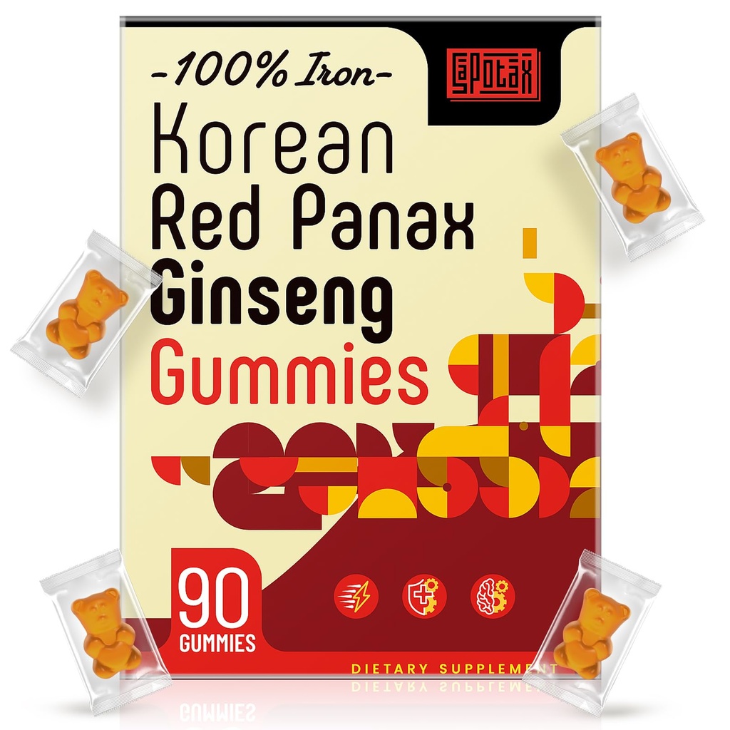 Koreli Red Panaxwu Supplement Gummies - Kadınlar ve Erkekler için Demir Supplements - Vitamin C, B6, B12, Pyum & Magnezyum, Vegan - 90 Count Count Count Count
