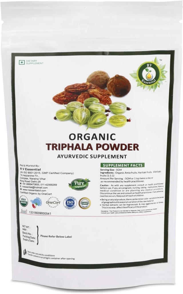 R V Essential Organic Triphala Toz 100gm/ 3.53oz / 0.22lb- Haritaki, Vibhitaki ve Amla 1:1 Triphala Churna Toz USDA Organik Onaylı Ayurvedic Herbal Supplement'i Zip Lock Pouch